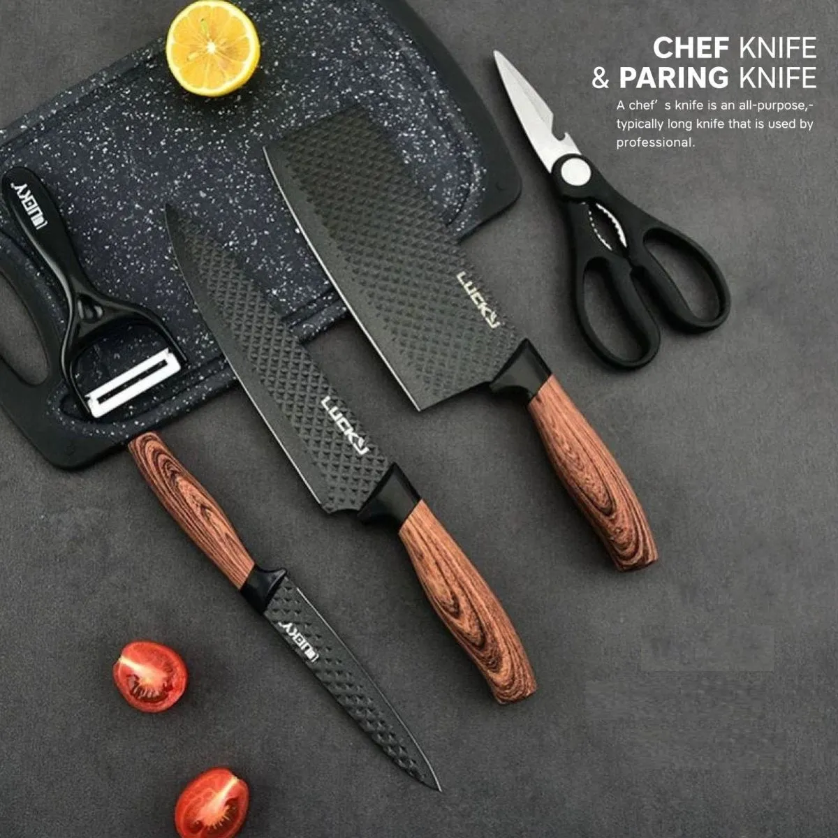 6-Piece Kitchen Knife Set | Everich Chef Knives | Stainless Steel | Nonstick | Scissor Cutting Board