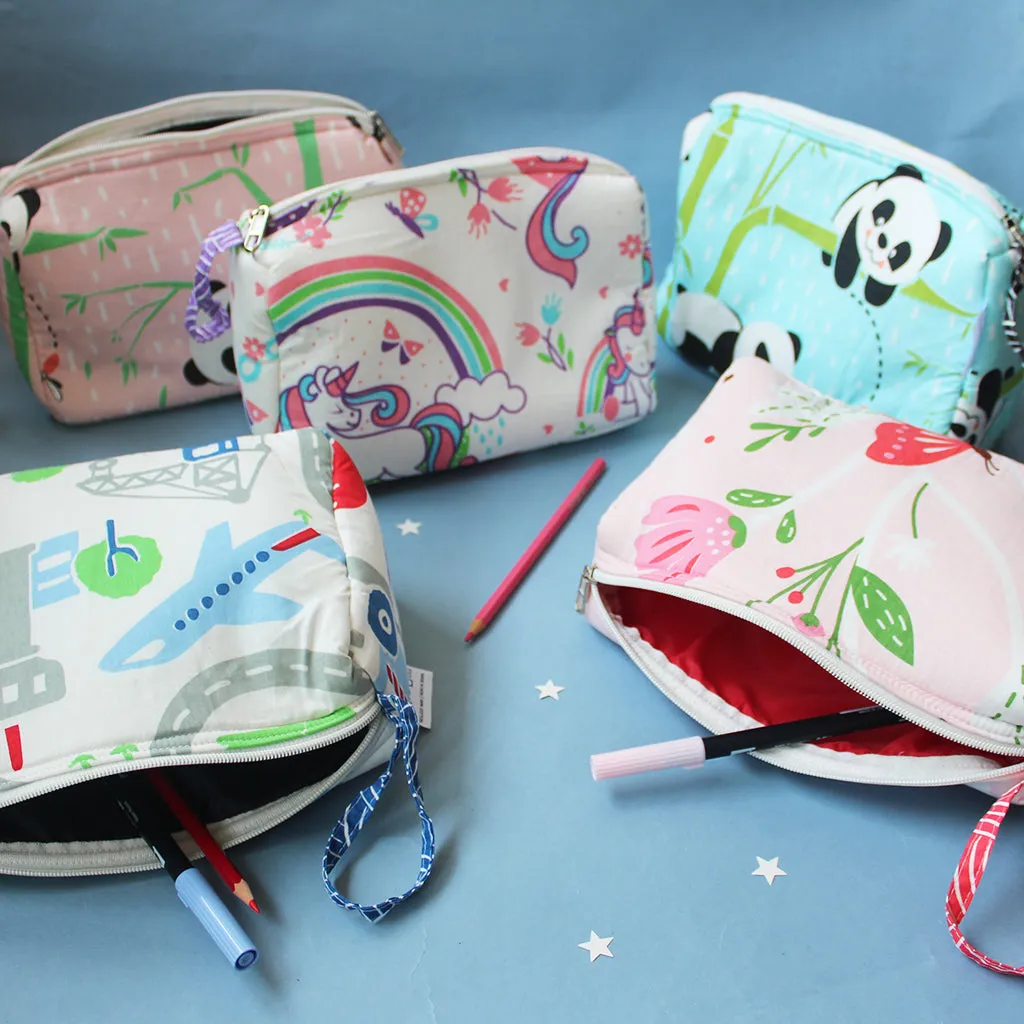 Cotton Zippered Multipurpose Pouch with Waterproof Lining - Flowers & Butterflies