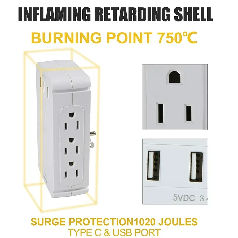 E-Macht Wall Outlet Extender-2 Pack Surge Protector Multifunctional Outlet Wall Plug with 3 USB Ports