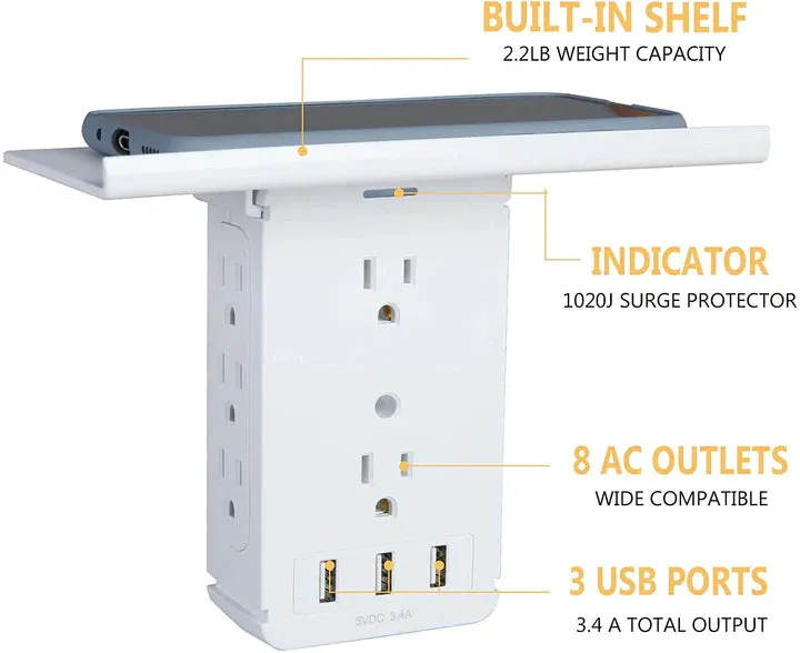 E-Macht Wall Outlet Extender-2 Pack Surge Protector Multifunctional Outlet Wall Plug with 3 USB Ports