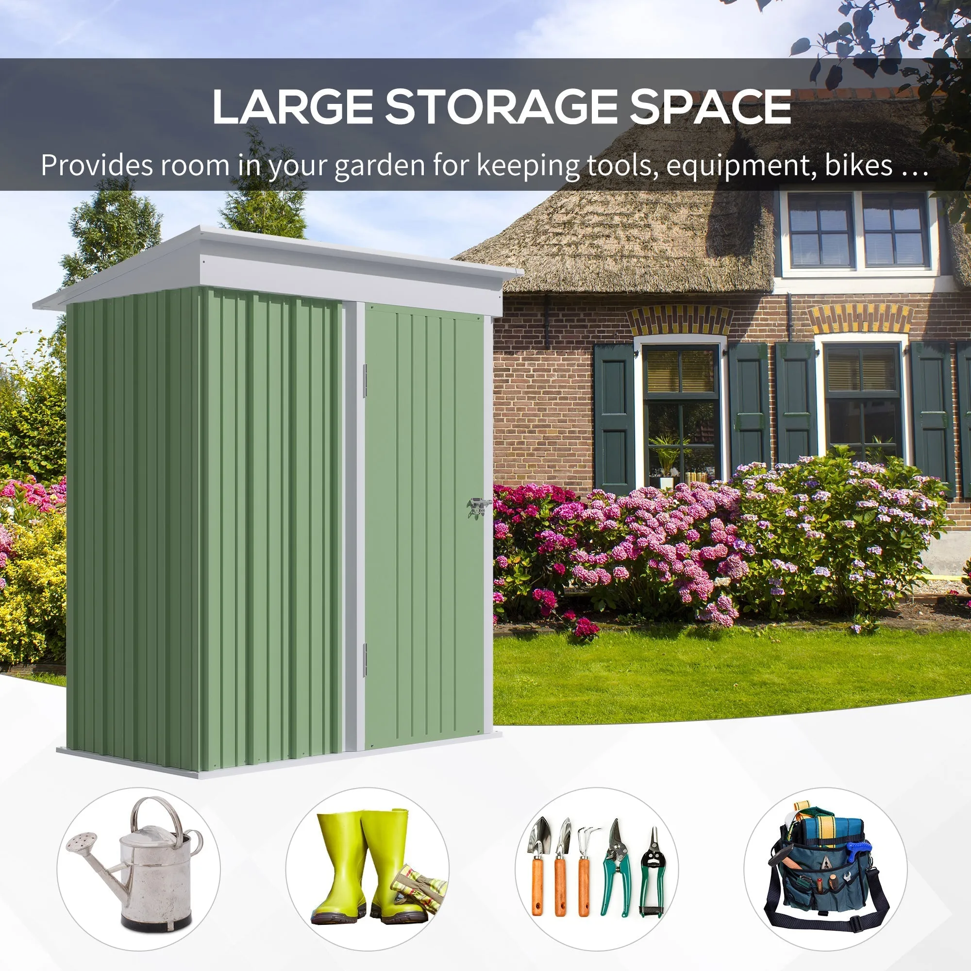 Galvanised 5 x 3' Single Door Reverse Pent Garden Store Steel Green by Steadfast
