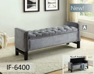 Grey Velvet Storage Bench with Chrome Nailhead