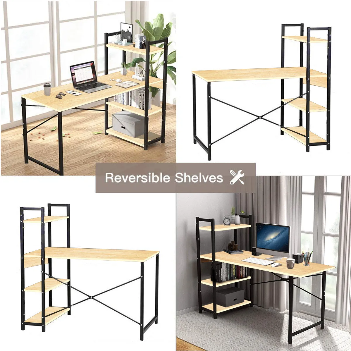 Kawachi Computer Desk Writing Study Table with 4 Tier Bookshelves for Home, Office, Multipurpose Compact PC Workstation KW25-Beige