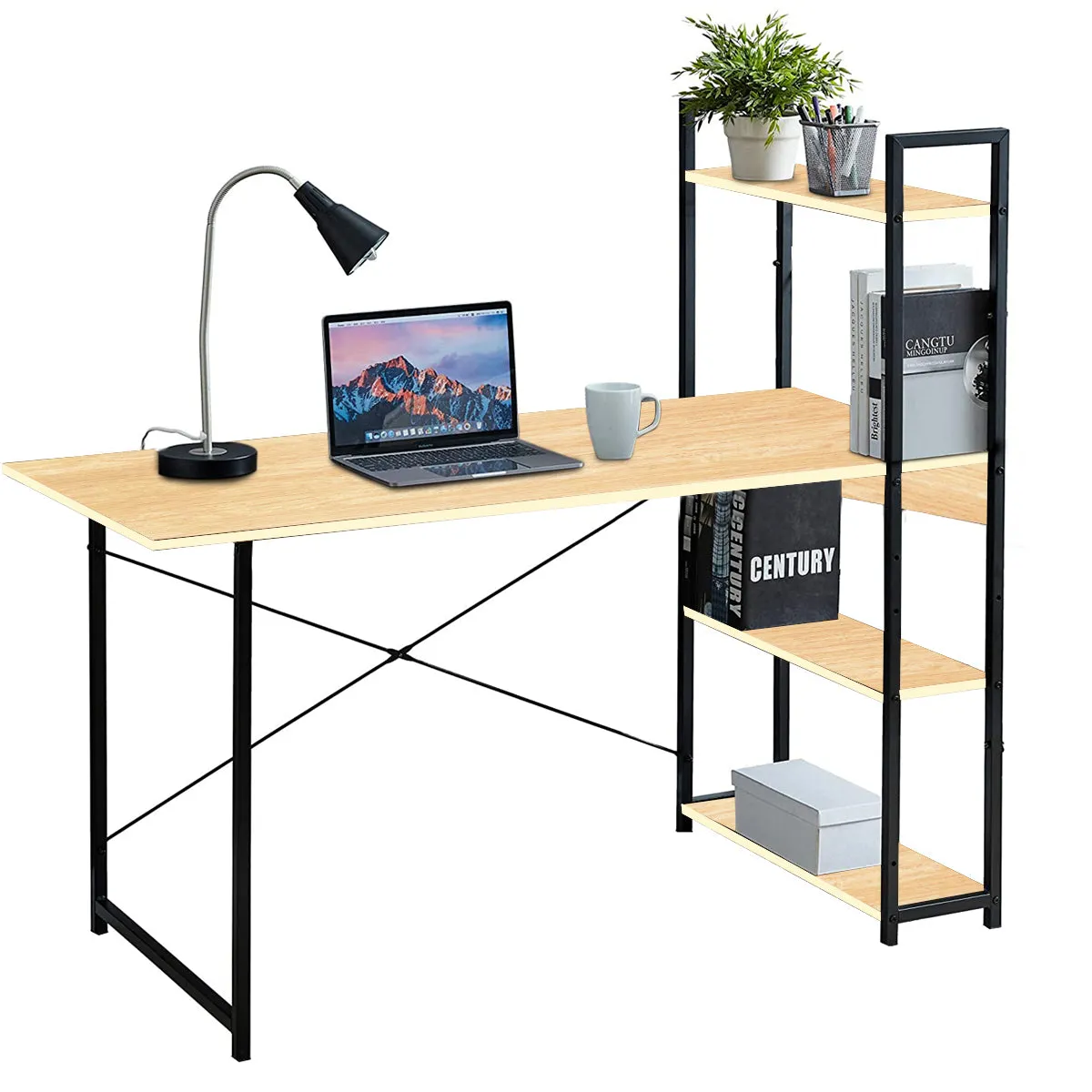 Kawachi Computer Desk Writing Study Table with 4 Tier Bookshelves for Home, Office, Multipurpose Compact PC Workstation KW25-Beige