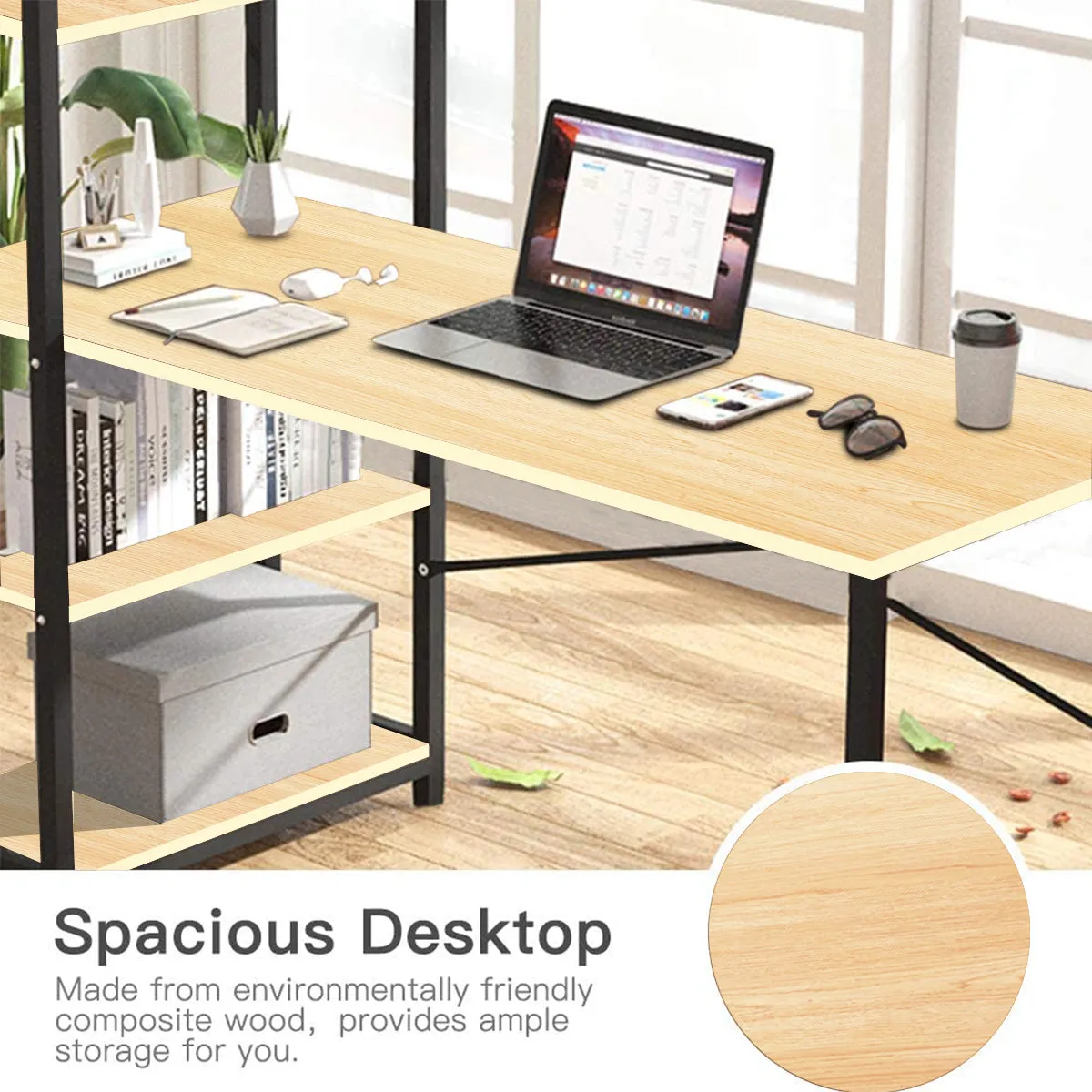 Kawachi Computer Desk Writing Study Table with 4 Tier Bookshelves for Home, Office, Multipurpose Compact PC Workstation KW25-Beige