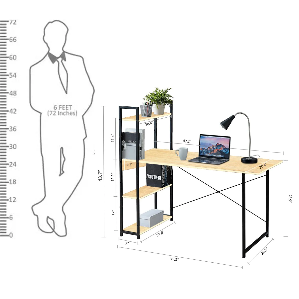 Kawachi Computer Desk Writing Study Table with 4 Tier Bookshelves for Home, Office, Multipurpose Compact PC Workstation KW25-Beige