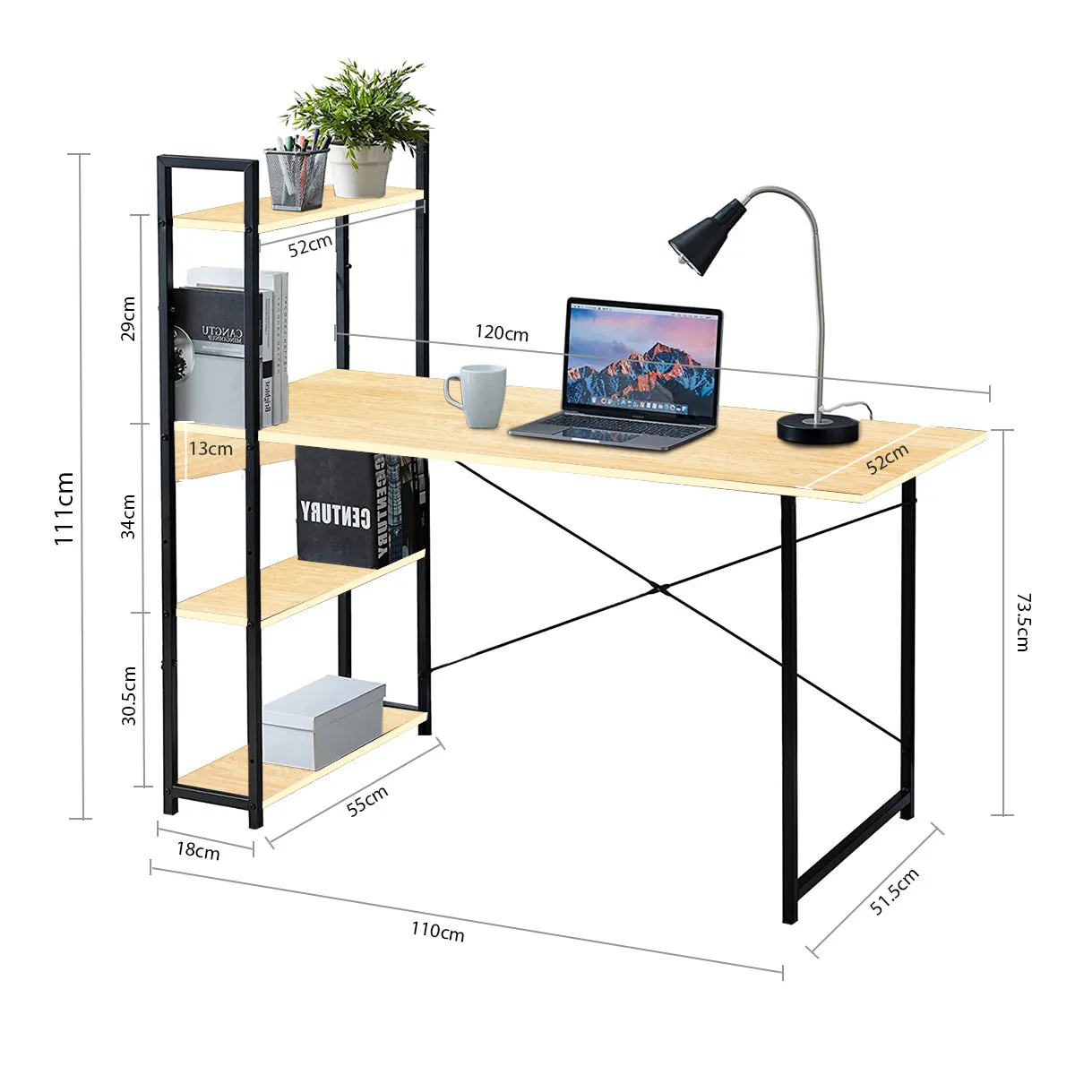 Kawachi Computer Desk Writing Study Table with 4 Tier Bookshelves for Home, Office, Multipurpose Compact PC Workstation KW25-Beige