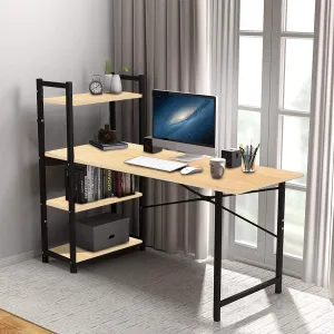 Kawachi Computer Desk Writing Study Table with 4 Tier Bookshelves for Home, Office, Multipurpose Compact PC Workstation KW25-Beige