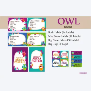 Label Set<br/>Owl Theme<br><span style="font-size: 11px; font-family:Helvetica,Arial,sans-serif;">Assorted pack containing 146 labels and 2 bag tags </span>
