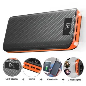 Power Bank 20000mAh Powerbank 3 USB External Battery Pack for iPhone 6 6s 7 8 10 iPad Samsung Xioami Huawei Sony LG HTC Nokia.