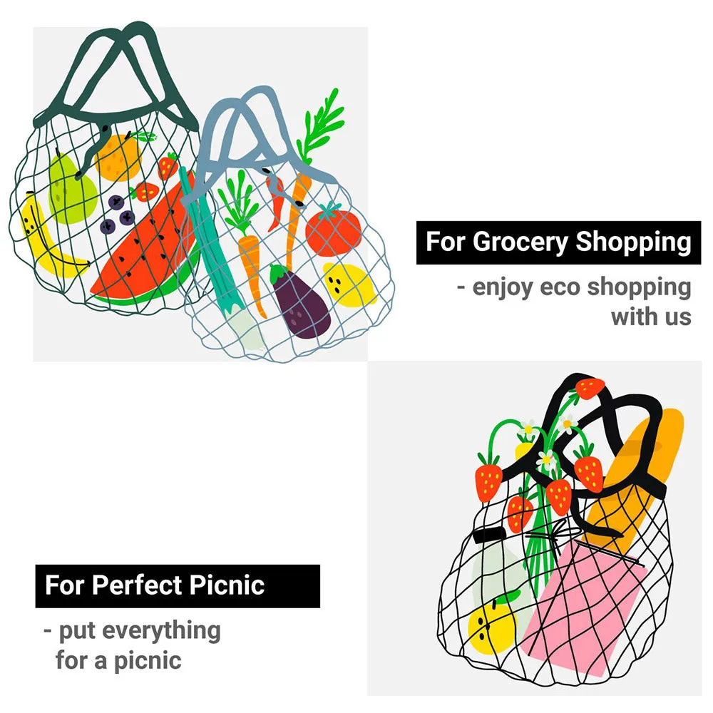 Reusable Cotton French Net Shopping Long Handled Tote Bag Dark Colors