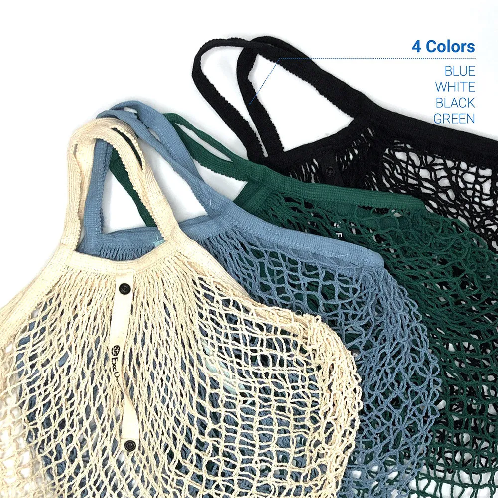 Reusable Cotton French Net Shopping Long Handled Tote Bag Dark Colors