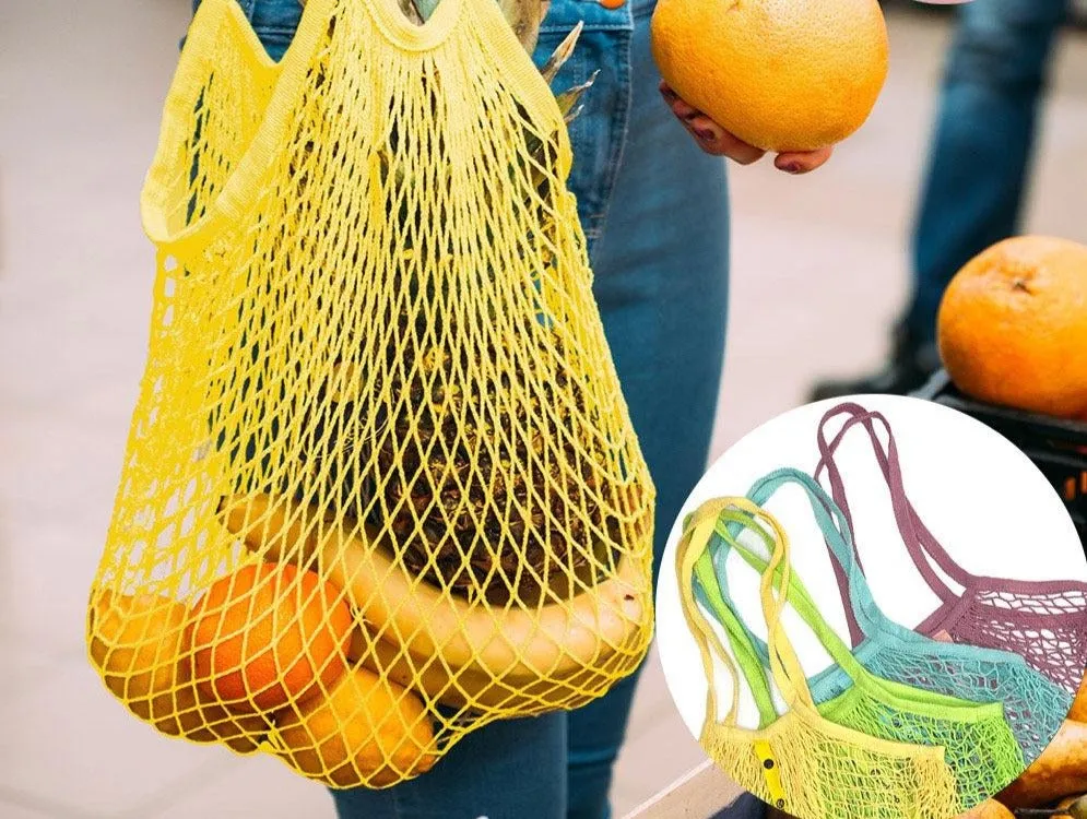 Reusable Cotton French Net Shopping Long Handled Tote Bag Light Colors