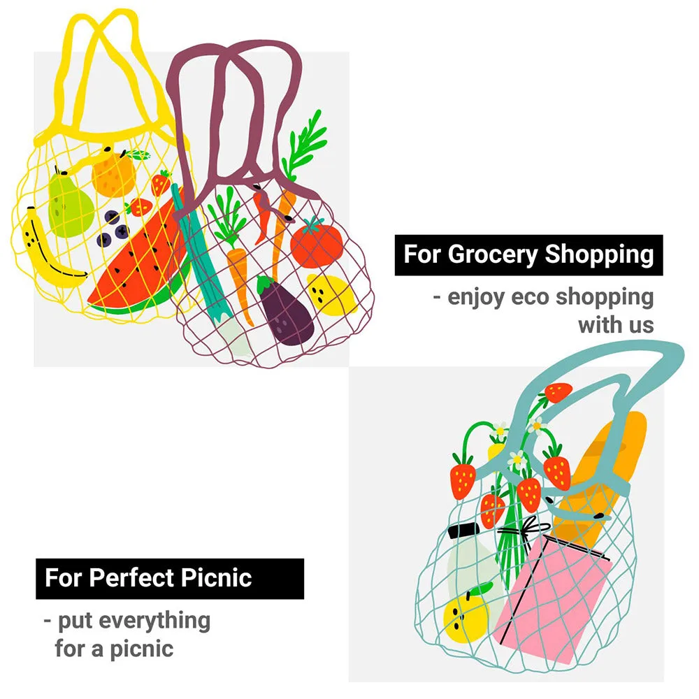 Reusable Cotton French Net Shopping Long Handled Tote Bag Light Colors