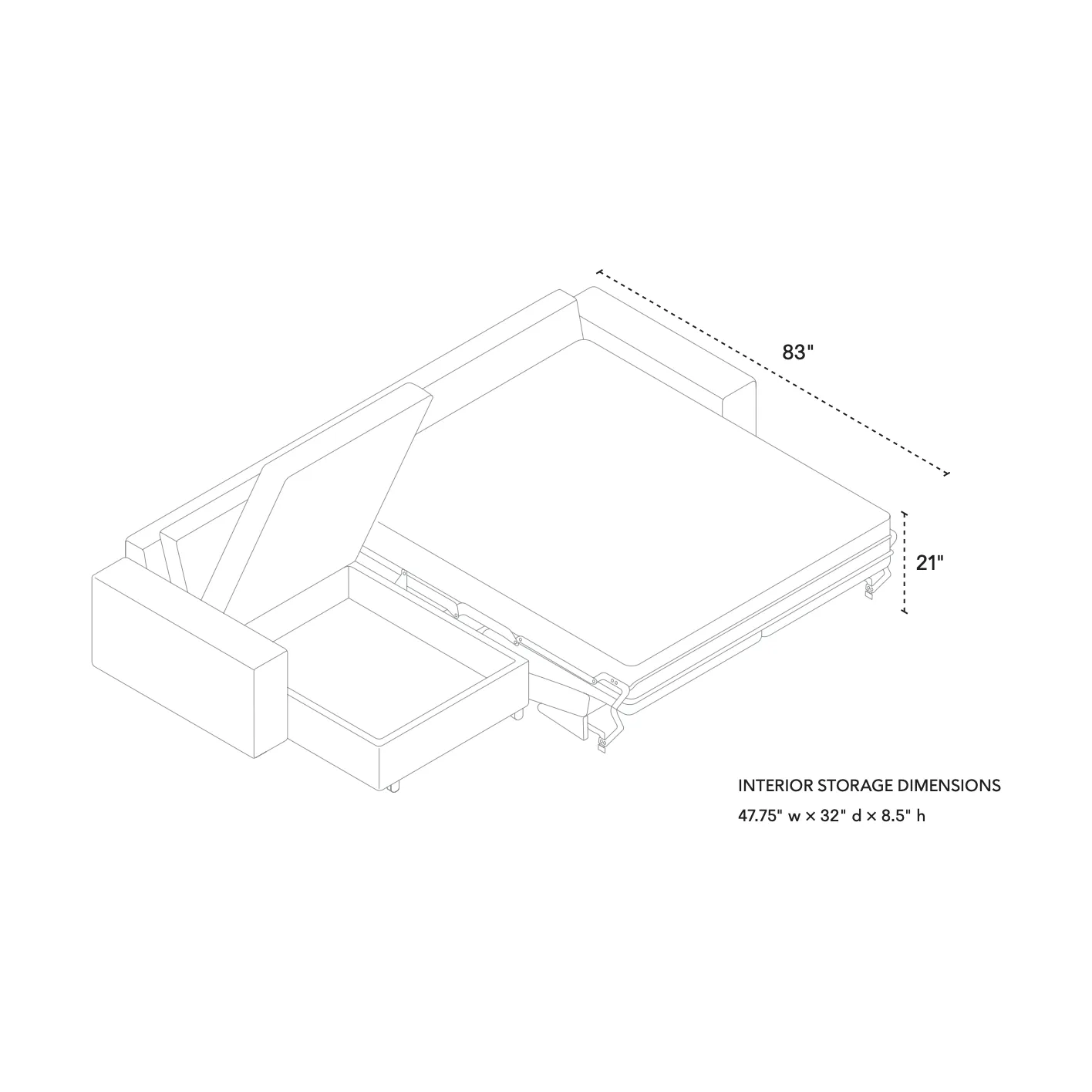 Reva 2 piece sectional Queen sleeper sofa with storage chaise with narrow Arms with Black ash legs in G50 Coda Concrete