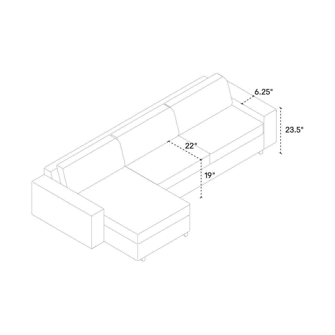 Reva 2 piece sectional Queen sleeper sofa with storage chaise with narrow Arms with Black ash legs in G50 Coda Concrete